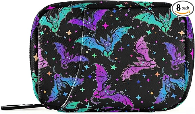 Travel Pill Organizer Bag Weekly Pill Organizer Case Goth Halloween Luminous Bats Portable Small Daily Pill Boxes for Vitamin Fish Oils Supplement Holder with Zipper Compact Size