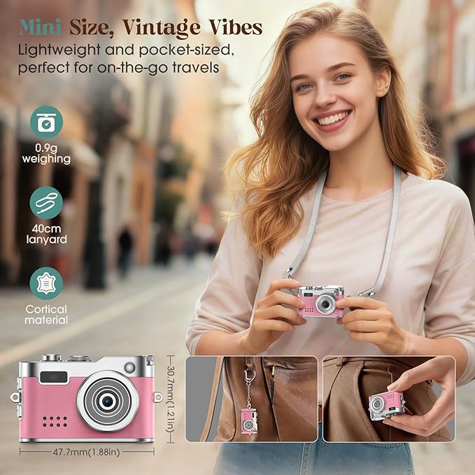 Mini Digital Camera, Keychain Camera 1080P HD with 2MP Lens, Flash, Video Recording, 32G Card Included, Portable and Compact Retro Vlog Camera for Travel, Kids, Pink