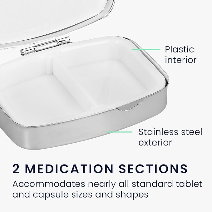 kwmobile 2 Compartment Pill Box - Set of 2X Stainless Steel Travel Box Organizer for Tablets and Prescriptions - Silver/Black