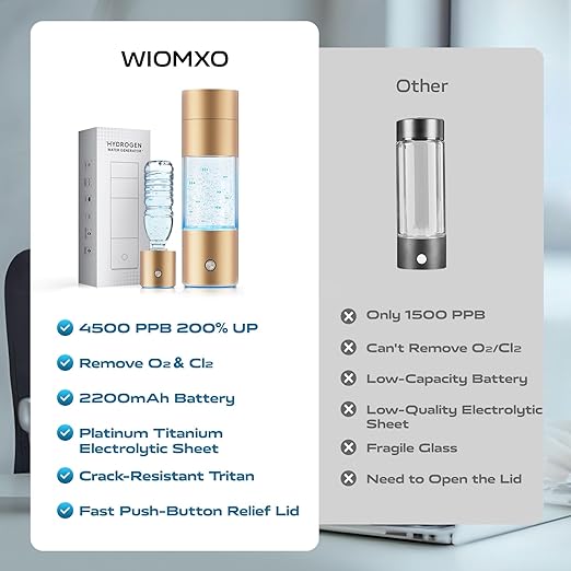 Hydrogen Water Bottle Generator,4500PPB SPE/PEM Technology -Smart Electrolysis Water Ionizer -320ML Portable Rich Hydrogen Water Machine for Health Gifts, 24-Hour Hydrogen Retention (Gold)