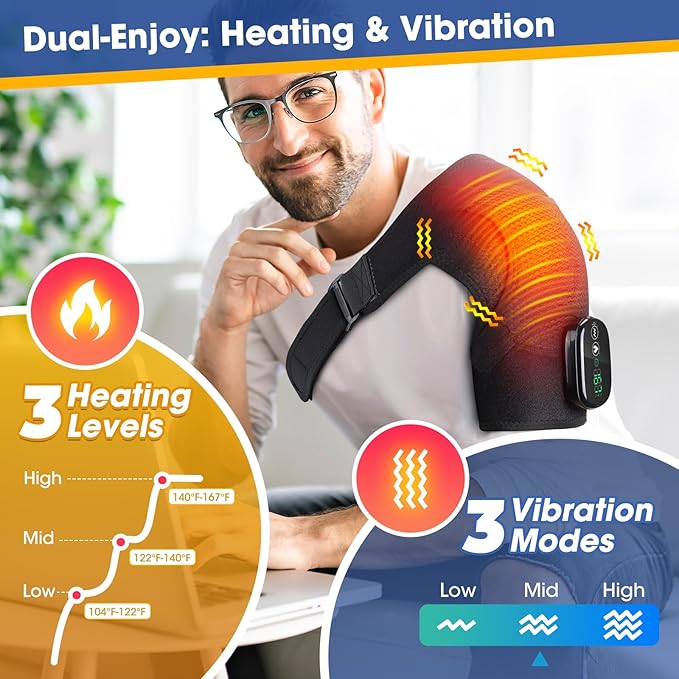 Cordless Shoulder Heating Pad, Shoulder Massager for Pain Relief Deep Tissue,Heated Shoulder Wrap & Brace with 3 Heat & Vibration Modes, Men & Women (Black)