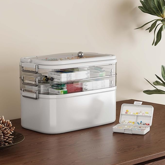 NiHome Home & Travel 4-Tier Medicine Storage Box with Portable Pill Case, Durable Adjustable Compartments, Moisture-Resistant Lid, Secure Handles for Pill Organization, Vitamins, Supplements (White)