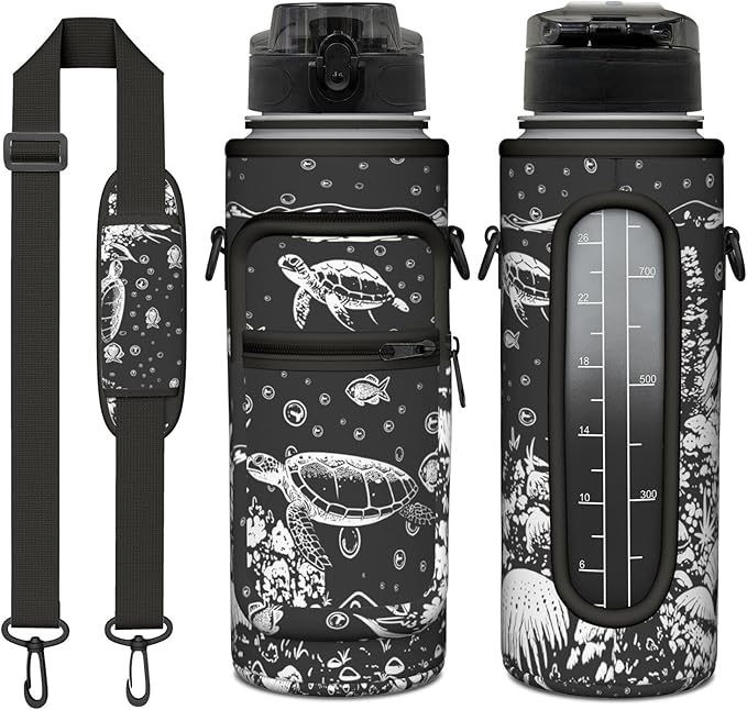 Sea Turtle Half Gallon Water Bottle with Sleeve 32 OZ -Flip Top Bpa Free - Motivational Time Marker Leakproof Water Jug - Sea Turtle Lover for Gifts Women Men
