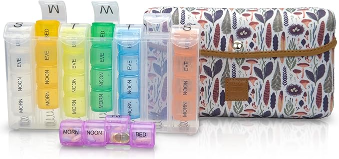 Made Easy Kit Pill Case Large 7-Day / 28 Compartments in Neoprene Carrier with Storage Pill Box in Daily in Morn, NOON, EVE, Bed a Weekly Vitamin, Medicine, Capsule Organization (Brown Woods)