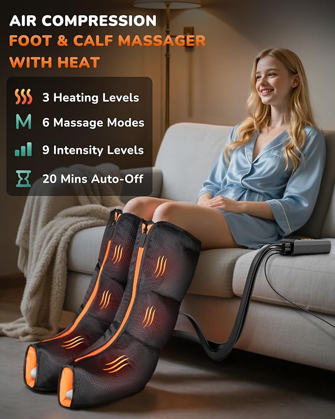 Leg Massager with Heat and Compression : Foot and Calf Massager for Circulation and Pain Relief, Sequential Compression Boots with 6 Modes, 9 Intensity, 3 Heat