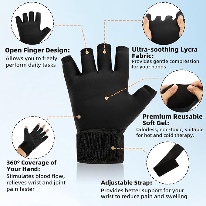 Finger Arthritis Compression Hand Ice Pack Gloves for Pain Relief, Adjustable Wrist Ice Pack for Hot & Cold Therapies, Reusable Gel Finger Ice Glove Sleeve for Tendinitis, Carpal Tunnel