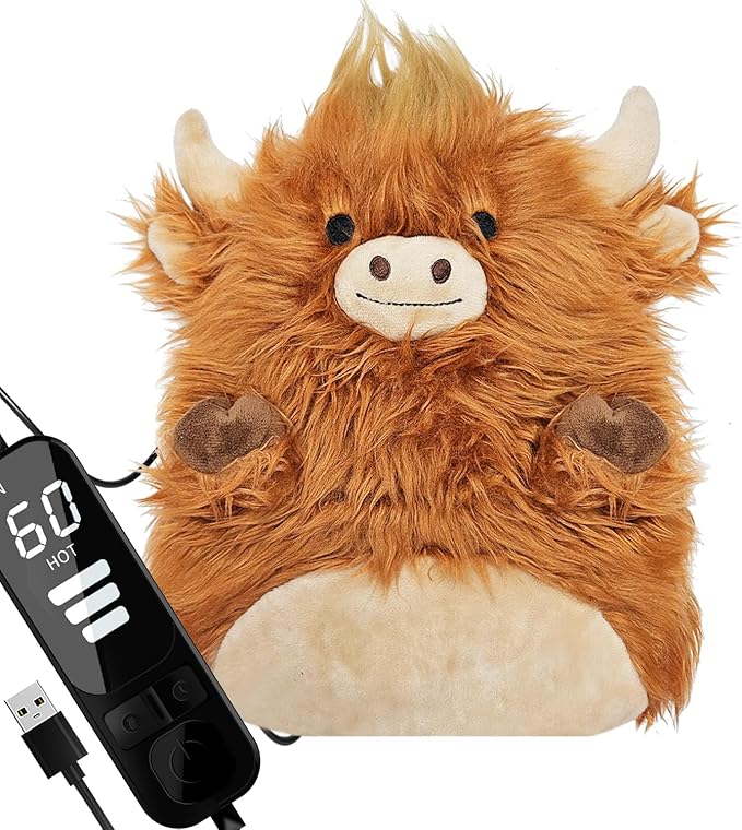 Electric Heating Pad for Menstrual Pain Relief - USB Powered Portable Electric Heat Pads,Cuddly Highland Cow Stuffed Animal, 12x9 Soft Plush for Neck/Back/Shoulder,Gift for Women,One Pack