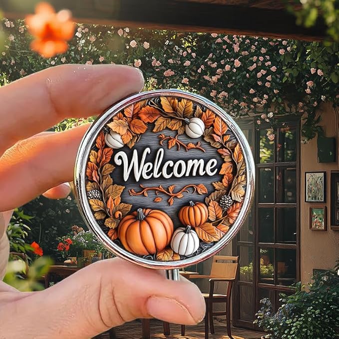 Portable Round 3 Compartment Metal Pill Box Fall Pumpkins Welcome Print Ideal for Office Kitchen Cafe Use