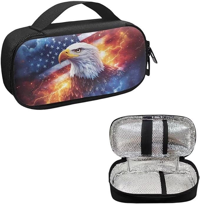 American USA Flag Eagle Insulin Organizer Bag with Handle Lightweight Glucose Meter & Diabetic Supplies Travel Case to Store Insulin Pen, Test Strips, Lancets, Syringe, Needles