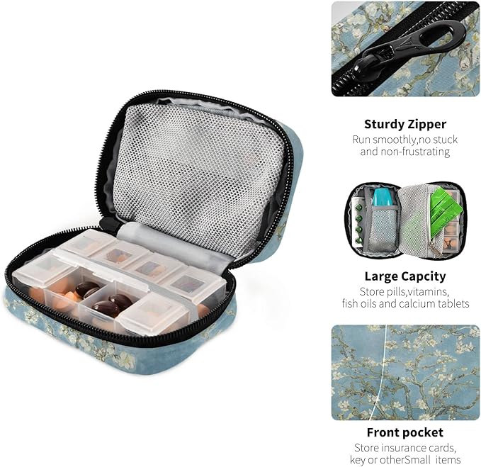 Almond Blossom Van Gogh Pill Box 7 Day Pill Case Bag Travel Pill Organizer Bag with Zipper Portable Weekly Case Compact Size for Vitamin Supplement Holder