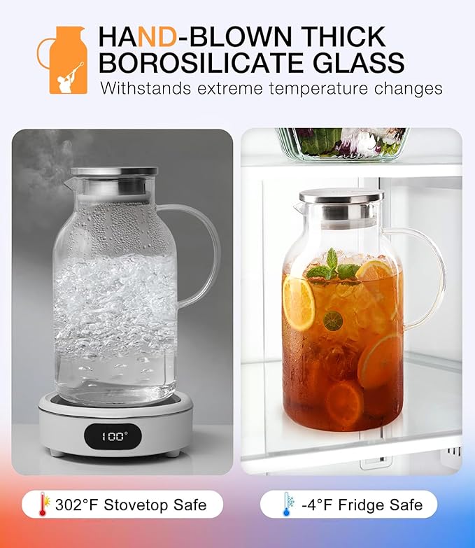 LUNA&MANTHA 1 Gallon Glass Pitcher with Lid and Spout, 128oz Water Pitcher with Handle for Fridge, Large Iced Tea Jug for Juice, Coffee, Sangria, Beverage, Borosilicate Glass Carafe Hot/Cold Drink