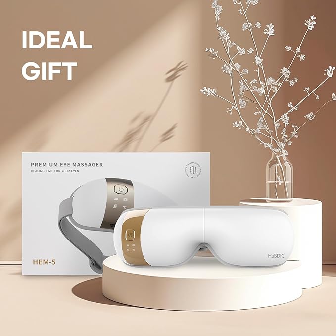 HubiCare Eye Massager with Heat, Vibration, and Music Helps Relieve Strain, Dark Circles, Dryness, and for Migraine Relief Relaxation and Better Sleep Valentines Day Gifts for Women/Men (White)