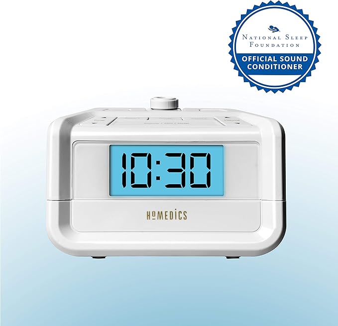 HoMedics Dual Alarm Digital FM Clock Radio Time Projection, 8 Relaxing Nature Sounds, LED Display, Multi-Alarm Snooze, Sleep Timer, Nightlight, Ceiling Clock SoundSpa, White