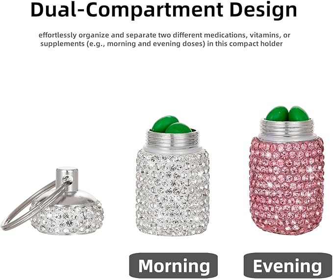 Dual-Compartment Small Pill Holder Keychain Bling Pill Container with Key Chain Travel Pill Organizer Medicine Box for Women (White+Pink)