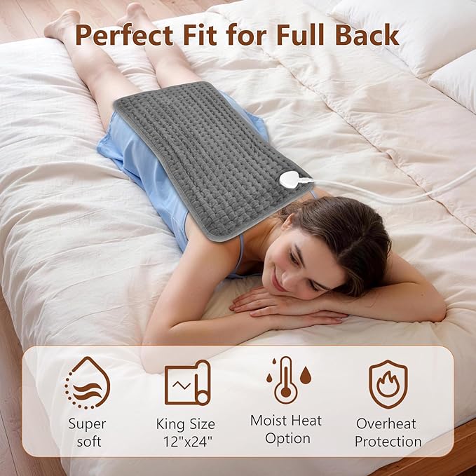 Heating Pad for Back Pain & Period Cramps Relief, 9 Heat Settings Electric Heating Pad for Neck & Shoulder, Auto Shut Off, Soft Machine Wash Fabric, Gifts for Mom, Women, 12''x24'', Gray