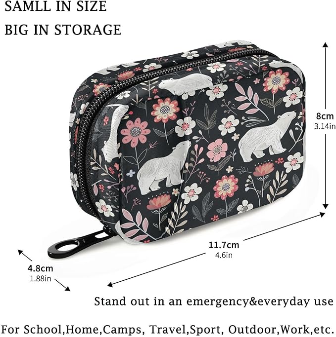 Fustylead Cute White Polar Bears and Beautiful Flowers Pill Organizer for Purse, Weekly Portable Pill Box with Zipper to Storage Vitamins Fish Oils Medications Supplements