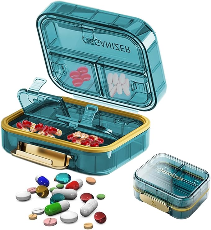 Daily Pill Organizer,7 Compartments Portable Travel Medicine Organizer,Moisture Proof Pill Case,Foldable Pill Box for Purse Pocket to Hold Vitamins,Cod Liver Oil,Supplements Medication (Blue)