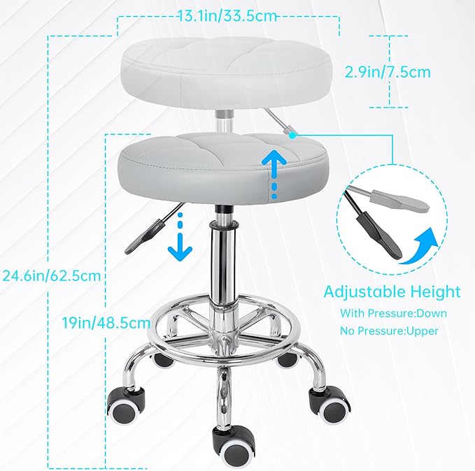 PU Leather Rolling Stool Height Adjustable Round Swivel Stools for Spa Salon Massage Work Chair with Foot Rest Grey
