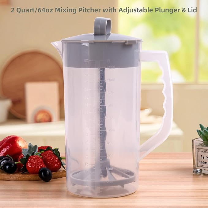2 Quart/64oz Mixing Pitcher with Adjustable Plunger & Lid - BPA-Free, Leakproof Drink Container for Juice, Formula, Tea - Wide Mouth, Easy Clean, Vortex Mixing Technolog