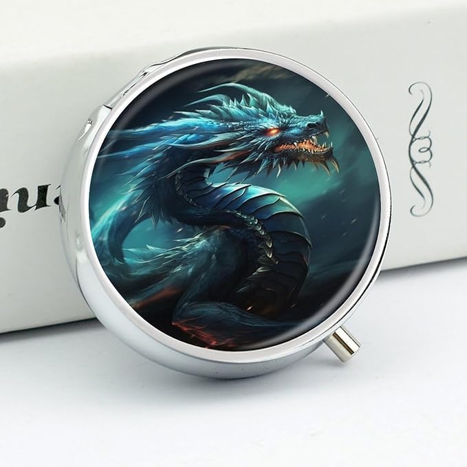 Dragon Pill Box 3 Compartment Small Pill Case Portable Pill Box for Pocket Or Purse Round Metal Pill Box Cute Medicine Organizer Holder to Hold Vitamins Medication