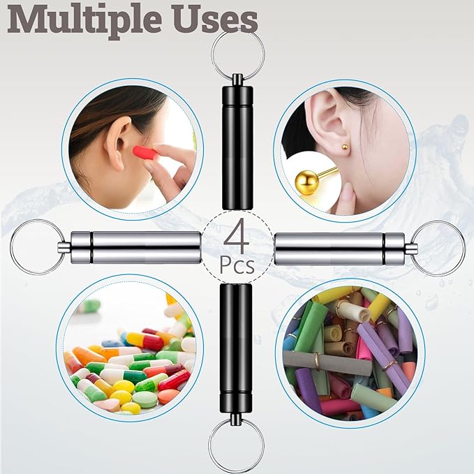 4pcs Metal Pill Case with Keychain - Waterproof Travel Pill Organizer, Portable Medicine Container for Outdoor Camping