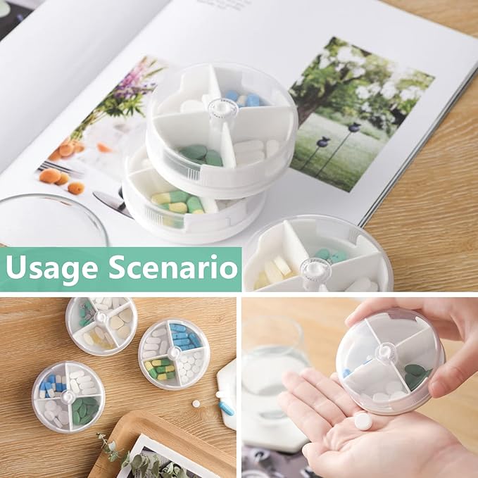 Pill Organizer Portable Travel Pill Box Round Rotatable Pill Case 4 Large Compartments Medicine Organizer for Vitamin Fish Oil Pills Supplements (White)