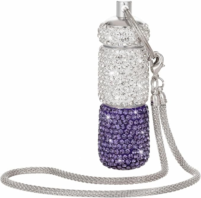 Dual-Compartment Small Pill Holder Keychain Bling Pill Container with Key Chain Travel Pill Organizer Medicine Box for Women (White+Purple)