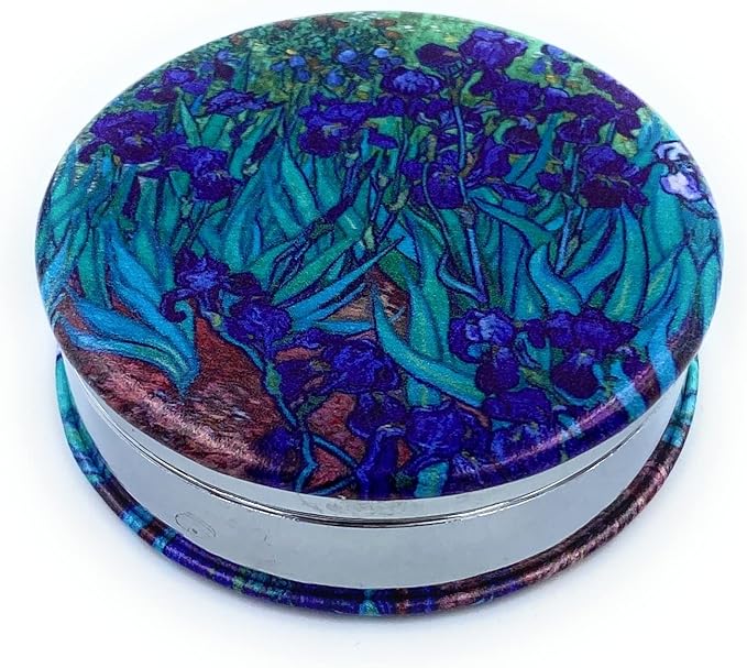 Pill Box Small Pill Organizer Round Compact Pill Case Pocket Size Vitamin Pill Box Art Print Van Gogh Irises Unique Gifts for Mom