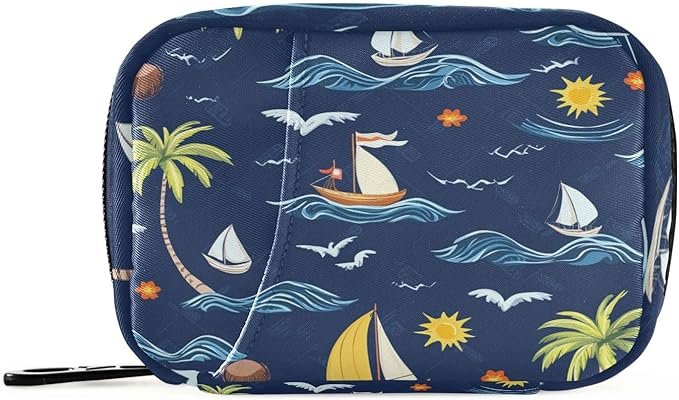 Travel Pill Case Palm Trees Ship Sun and Waves Weekly Small Pill Box 7 Day Pill Box Pill Organizer Bag