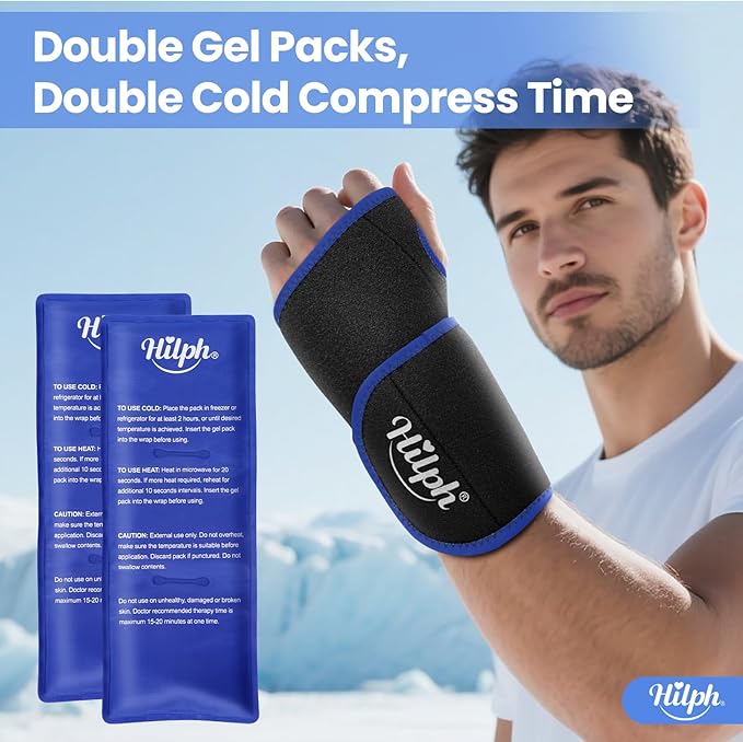 Hilph Wrist Ice Pack Wrap, Reusable Wrist Brace with 2 Gel Hot Cold Compression Packs for Injuries, Hand Ice Pack for Carpal Tunnel, Rheumatoid, Tendonitis, Swelling, Black