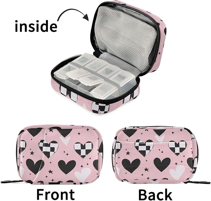 Fustylead Black and White Hearts on Pink Travel Pill Organizer Bag with Zipper Small Pill Box 7 Day Pill Case for Purse Storage Weekly Vitamin Medicine Supplement