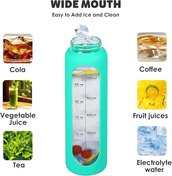 GIEMIT Glass Water Bottles 32oz with Silicone Sleeve Drinking Hydration Bottles Reusable Borosilicate Wide Mouth Motivational Water Flask Canteen with Time Marker Spout Lid and Brush (Green - 32 oz)