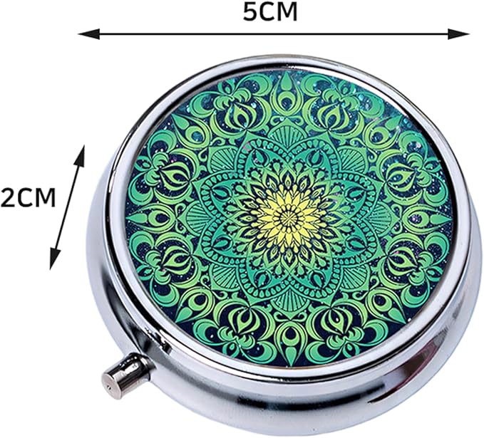 Small Pill Box with Mirror Mandala 3 Compartment Pill Holder for Purse or Pocket Bronze Portable Medicine Vitamin Container Fish Oil and Supplement Storage BPA-Free(Turquoise and Gold)