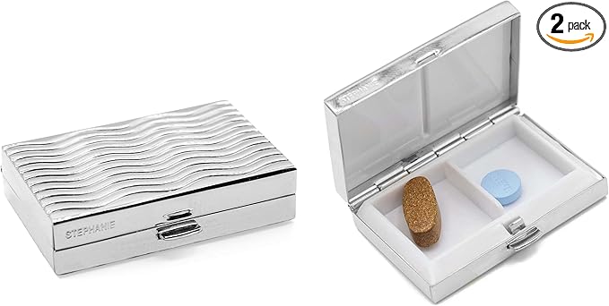 Stephanie Imports Set of 2 Rectangular-Shaped Pocket Purse Pill Box & Organizer With Dual Compartments (Silver Waves)