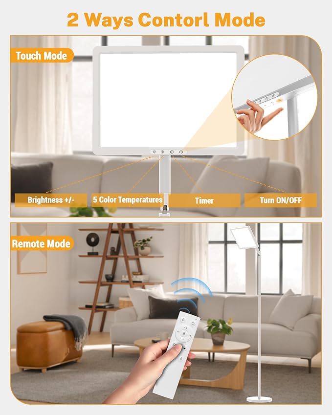 Light Therapy Lamp 12000 Lux UV-Free Full Spectum Floor Therapy Lamps, 4 in 1 LED Sun Lamp, 10 Brightess Levels, 5 Color Modes, Remote&Touch Control, Adjustable Timer/Height/Angle, White