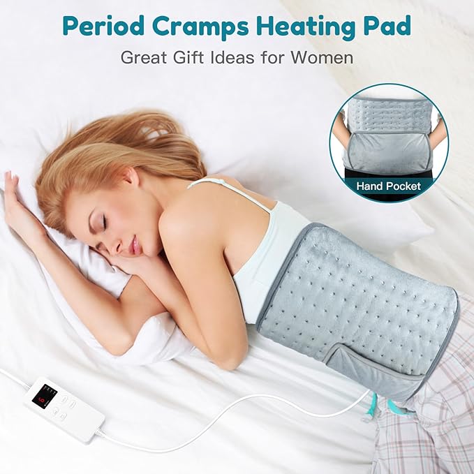Heating Pad for Back Pain Relief Period Cramps 6 Heat 6 Timer Auto Off Lower Back Abdominal Shoulder Feet Pain Relief, 12x24” Heat Pad+20“ Belt Women Girls Christmas Gift (Gray)