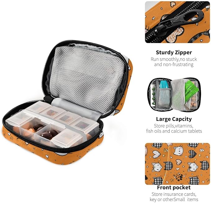 Orange Cute Kittens Hearts Stars Travel Pill Organizer Case Box Container Weekly Portable Vitamin Medicine Holder Storage Bag with Zipper Removable