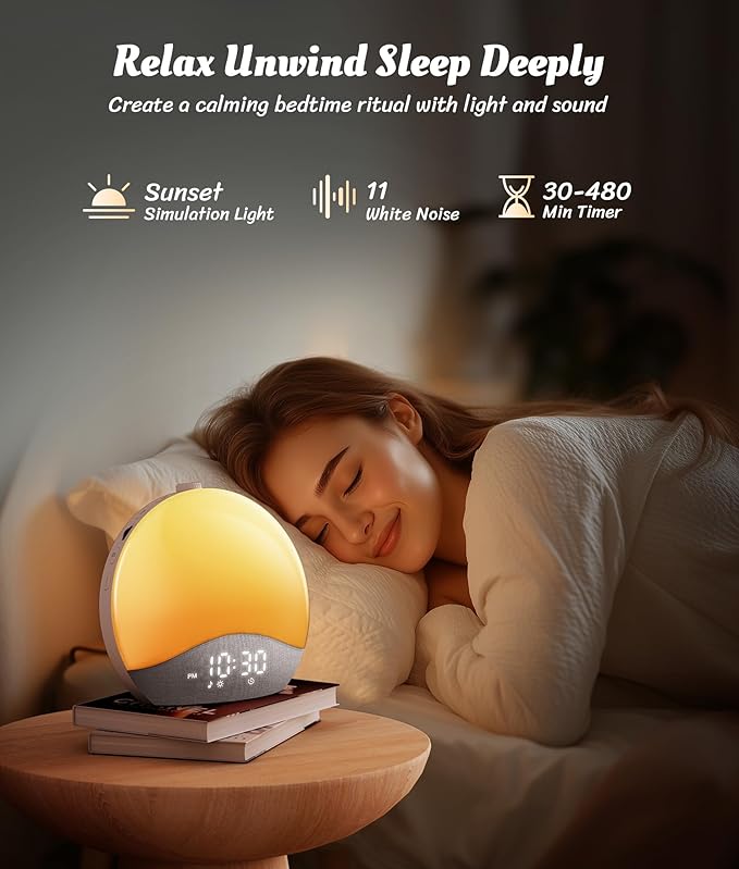 ecozy Sunrise Alarm Clock, White Noise Sound Machine, Alarm Clock for Bedrooms, 26 Soothing Sounds, 17 Night Lights, Bluetooth Speaker, Sunrise Wake-Up Light for Heavy Sleepers, Adults, Kids
