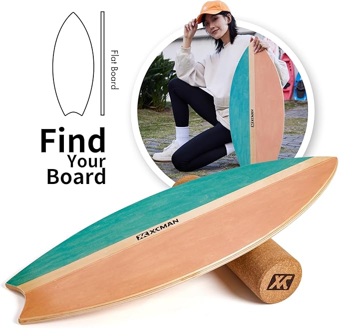 XCMAN Surf Balance Board Trainer with Roller Wooden Exercise Balancing Stability Trainer - Non Slip Surface for Adults Kids|Balance Board for Surfing,Snowboarding,Skateboarding,Hockey,Yoga Training