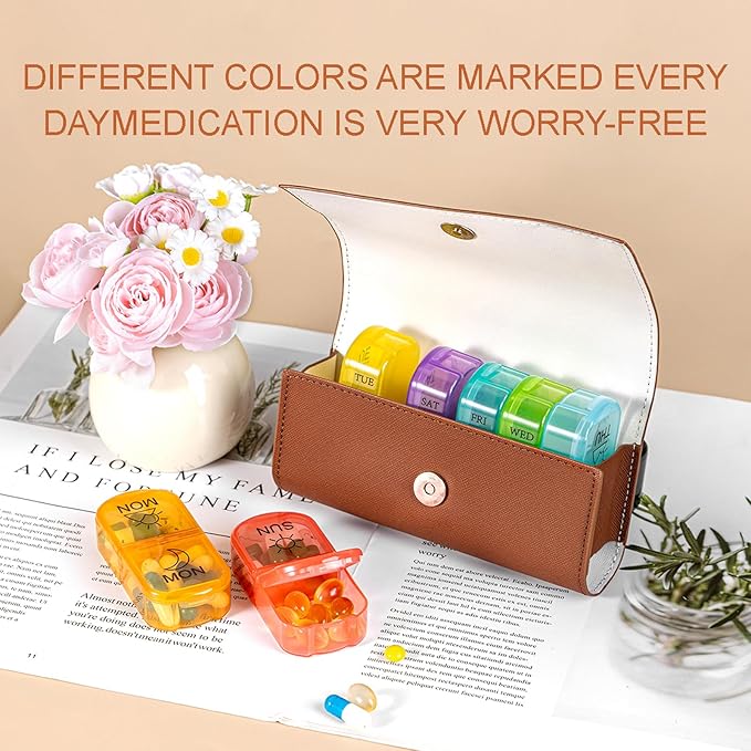 Weekly 2 Times A Day Pill Organizer for Travel 7 Day Am and Pm Portable Pill Box with Delicate Storage Bag for Pills,Vitamins,Fish Oils, Rainbow Compartments, Portable Travel Medication Container