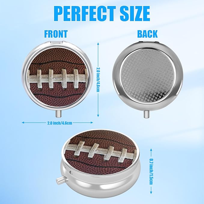 American Football Pill Case, Ball Lover Pill Box 3 Compartments Metal Small Pill Holder with Mirror Mini Travel Pill Container for Purse Pocket Women Men
