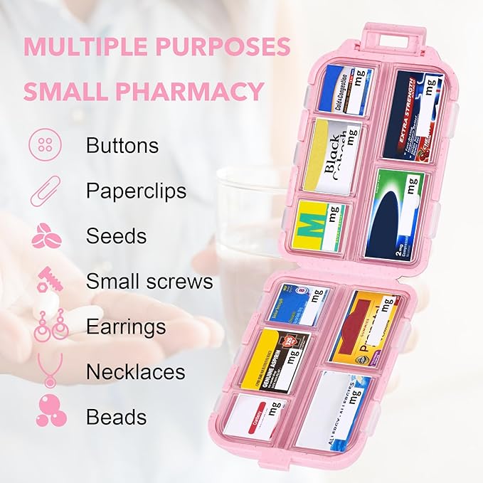 Travel Pill Organizer with Medicine Labels, Travel Pill Box Mini Medicine Organizer Daily Pill Container 10 Compartments Purse Pill Case (Pink, 189 Lables)