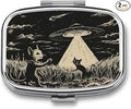 Metal 2 Compartment Pill Organizer Travel Friendly Portable Compact Pill Box Cute Pill Case,for Pocket Wallets Daily Portable Medicine Vitamin Tablet Storage (Mysterious cat)