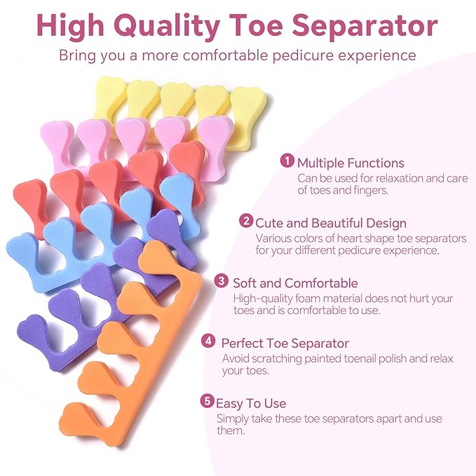 Toe Separators Set 24pcs Colorful Heart Sponge Toe Spacers Soft Foam Toe Finger Dividers for Nail Art, Polishing Gel Painting Toe Separators for Men & Women Spa, Pedicure, Manicure Tool