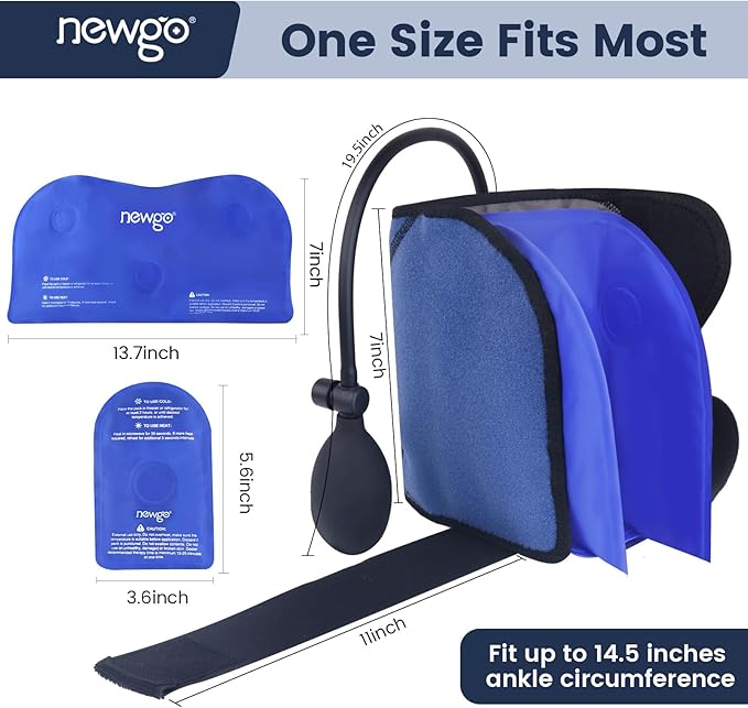 NEWGO Ankle Ice Pack Wrap with Air Pump, Compression Ankle Brace for cold compress, Reusable Hot & Cold Therapy Gel Wrap for Sprains, Heel Pain, Adjustable for Swelling Relief