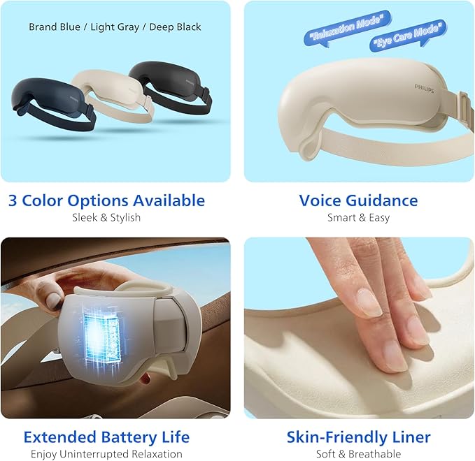 Philips Eye Massager with Heat and Cooling, Integrated Smart Sleep Mask with Nose Rest and Soft Silicone Massage Head, 4 Massage Modes for Migraines, Dry Eye, Dark Circles,Bluetooth Music, Ideal Gift