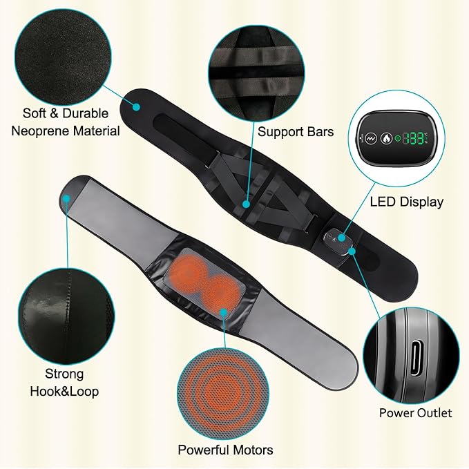 Cordless Heating Pad with Massager, Back Brace Heating Pad for Back Pain Relief, Heated Back Support Belt with 3 Heating & Vibration Modes, Rechargeable Low Back Massager for Women Men
