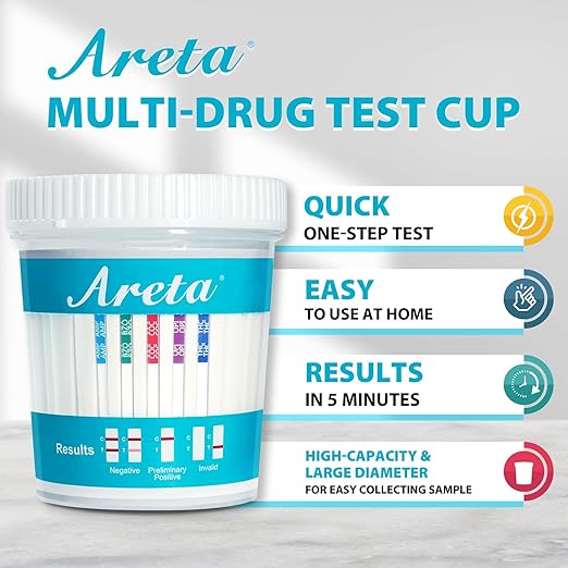 Areta Multi-Drug Test Cup: (6 Pack) at Home Drug Test Kit, Testing 5 Drugs Amphetamine (AMP), Oxazepam (BZO), Cocaine (COC), Morphine (OPI 2000), Cannabinoids (THC 50) -#ACDOA-754-6