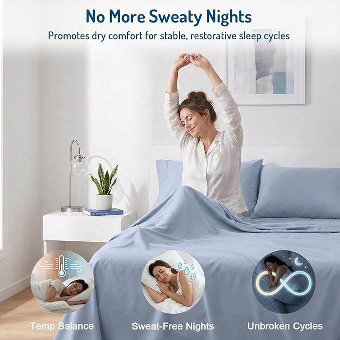 Degrees of Comfort Coolmax® Cooling Bed Sheets Queen Size for Hot Sleepers, Moisture Wicking Sheet Set for Night Sweats, Deep Pocket, Ultra Soft, Cozy for All Seasons, Light Blue 4 Pieces