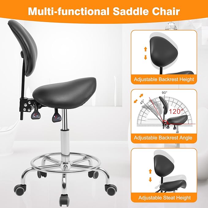 Saddle Stool Chair with Back Support, Multi-Functional Ergonomic Saddle Chair with Wheels for Salon Spa Dentist Clinic Esthetician Saddle Stools for Hair Stylist Tattoo(with Backrest, Black)